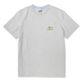 Front full view of the Baja Llama Greatful Dyed Shoreline Smoke Heavy Tee, a light gray short-sleeve t-shirt with a vintage  wash, a crew neck with blue checkered inner tape, and an embroidered script pocket logo