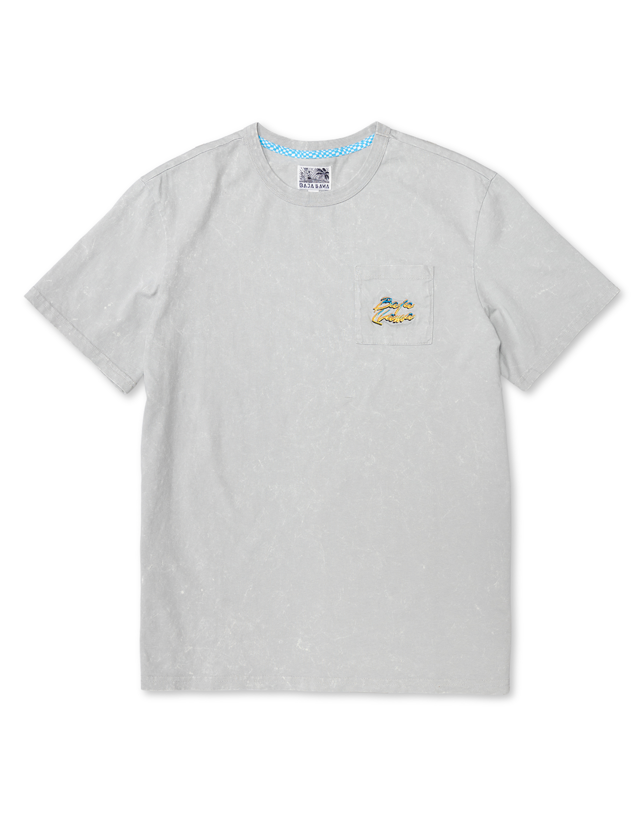Front full view of the Baja Llama Greatful Dyed Shoreline Smoke Heavy Tee, a light gray short-sleeve t-shirt with a vintage  wash, a crew neck with blue checkered inner tape, and an embroidered script pocket logo