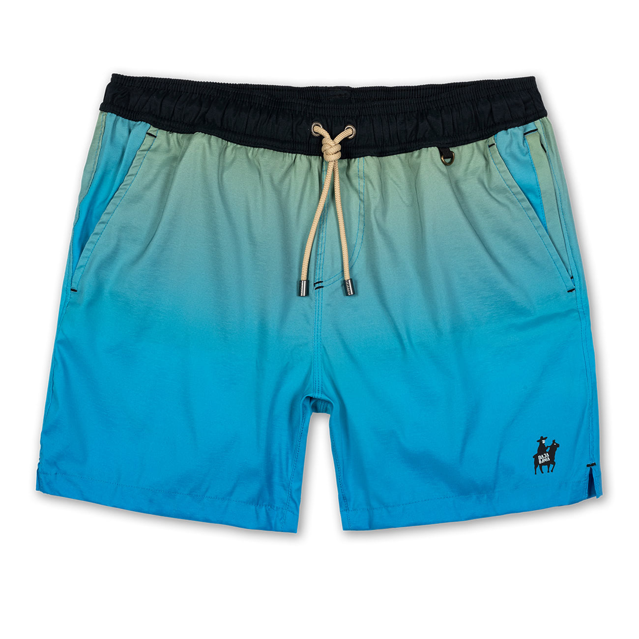 Ocean-inspired gradient print mens stretch swimsuit featuring embroidered baja llama logo.