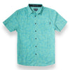 Green and turquoise button up with subtle zebra stripe print and side pocket