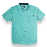 Green and turquoise button up with subtle zebra stripe print and side pocket