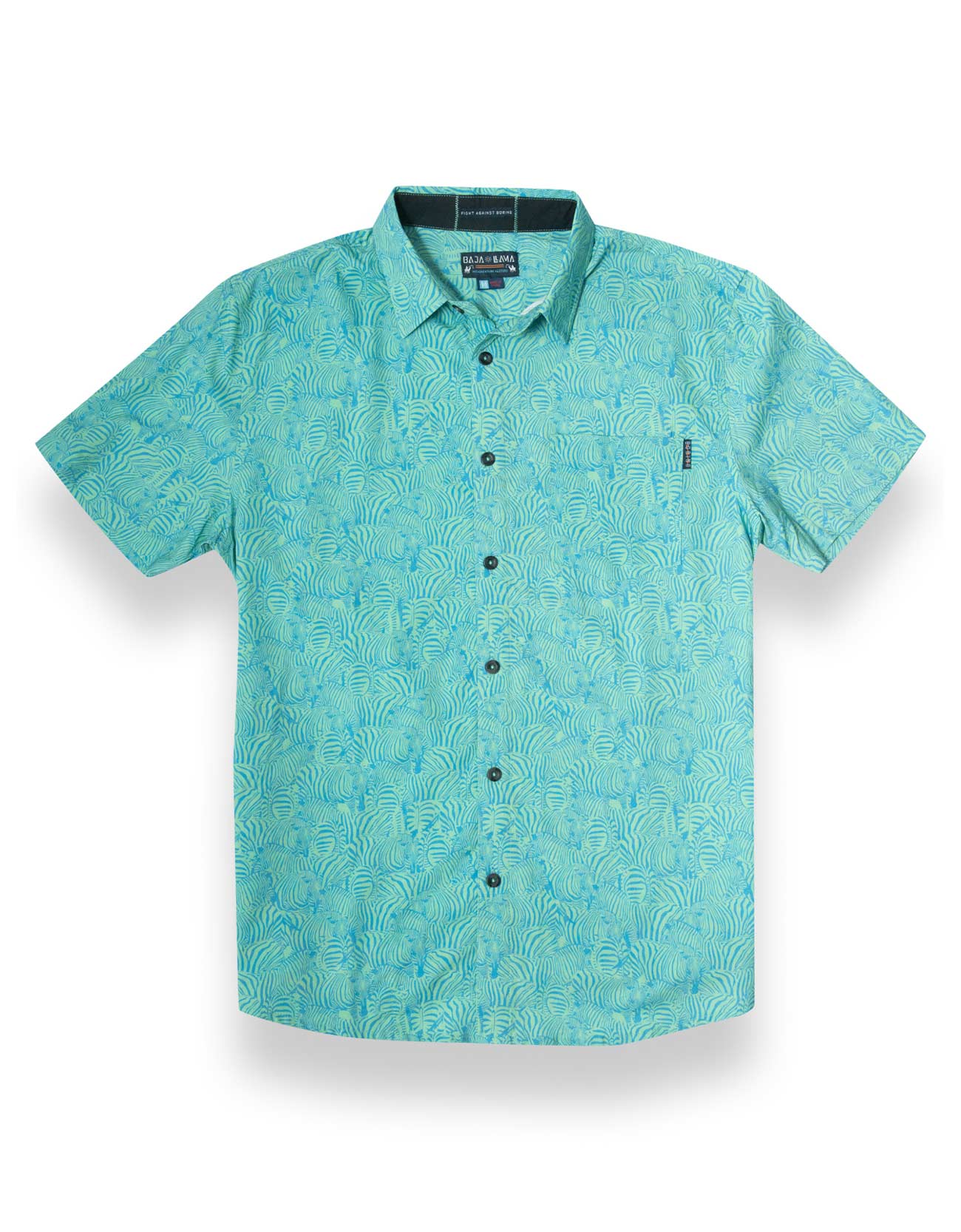 Green and turquoise button up with subtle zebra stripe print and side pocket