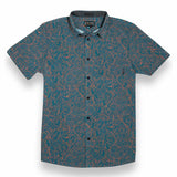 Baja Llama green and orange Mongoose vs Cobra Print Recycled Poly stretch short sleeve button up shirt