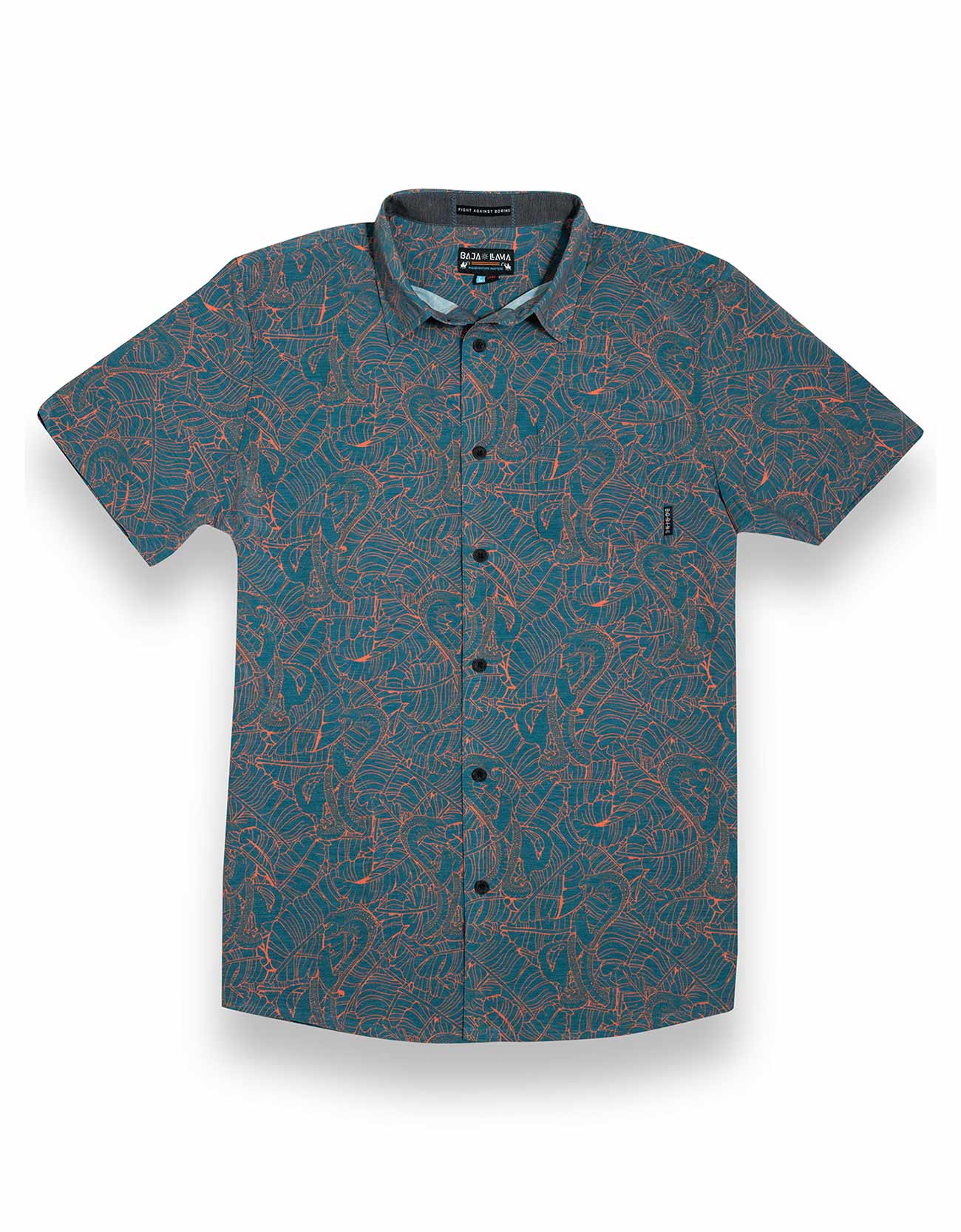 Baja Llama green and orange Mongoose vs Cobra Print Recycled Poly stretch short sleeve button up shirt