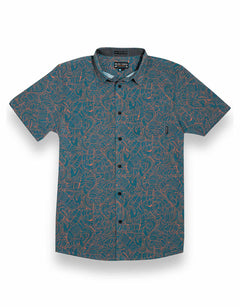 Baja Llama green and orange Mongoose vs Cobra Print Recycled Poly stretch short sleeve button up shirt