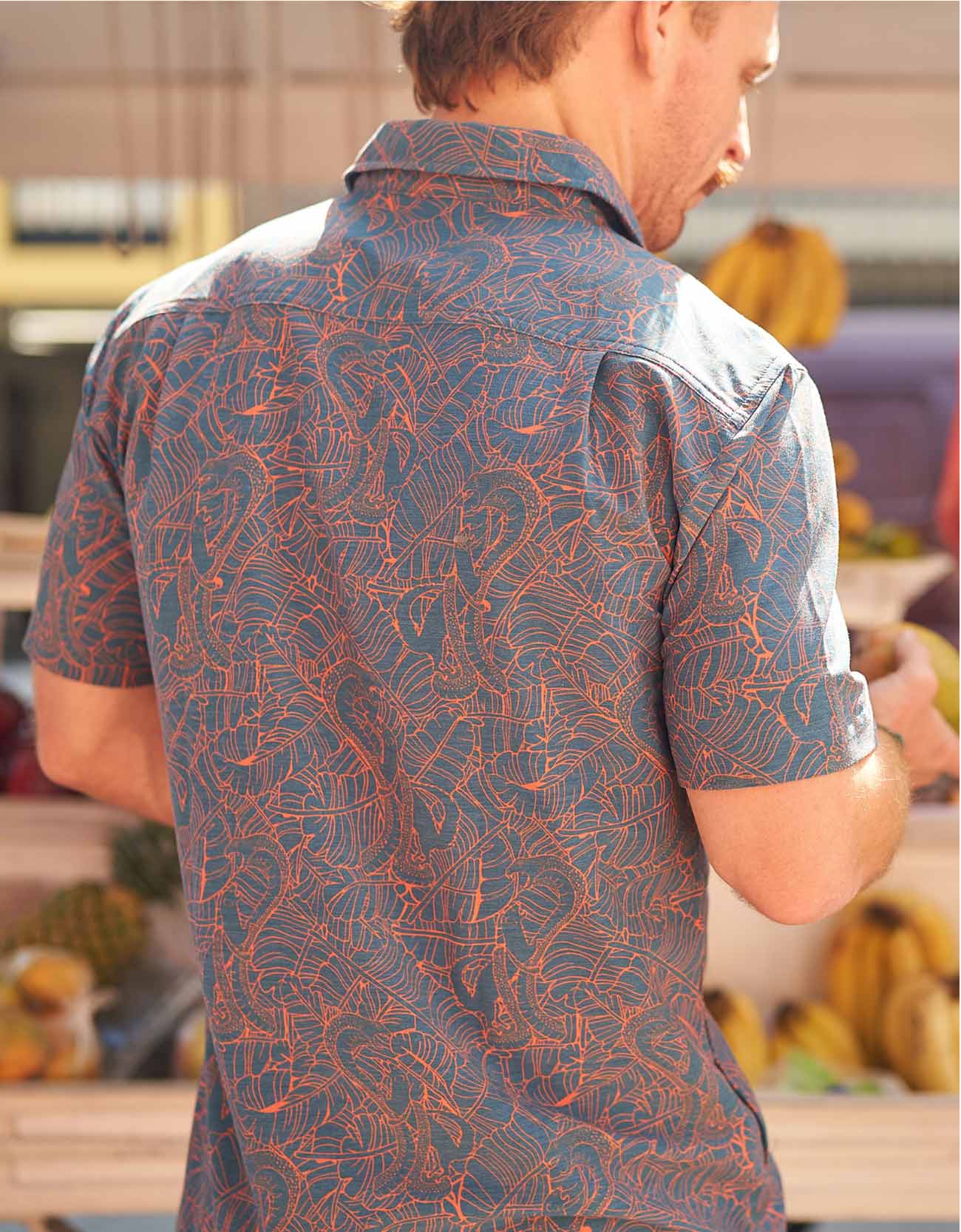 Baja Llama green and orange Mongoose vs Cobra Print Recycled Poly stretch short sleeve button up shirt