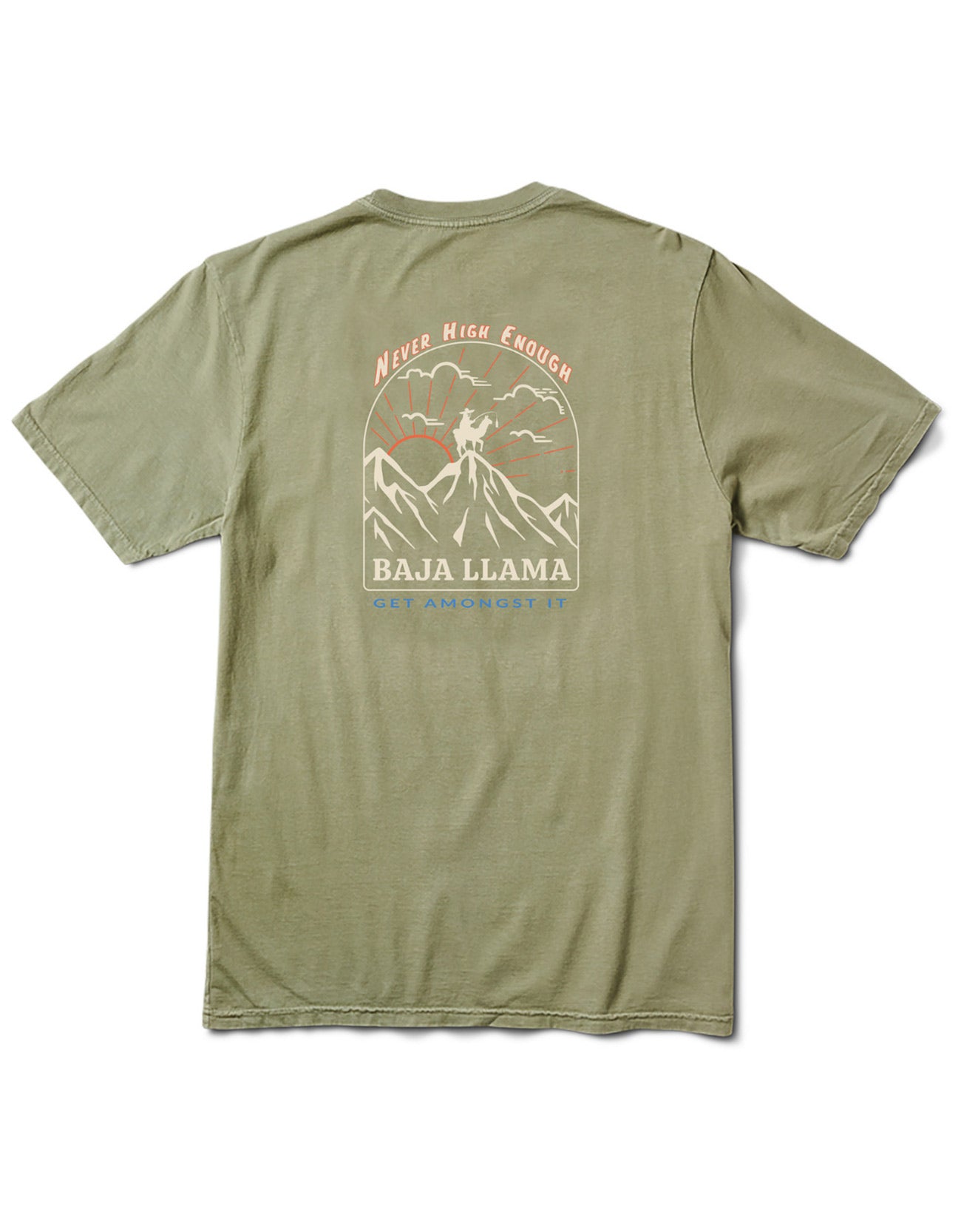 Baja Llama - Get Amongst It! Sun and Mountain print and is made from 100% Peruvian cotton.