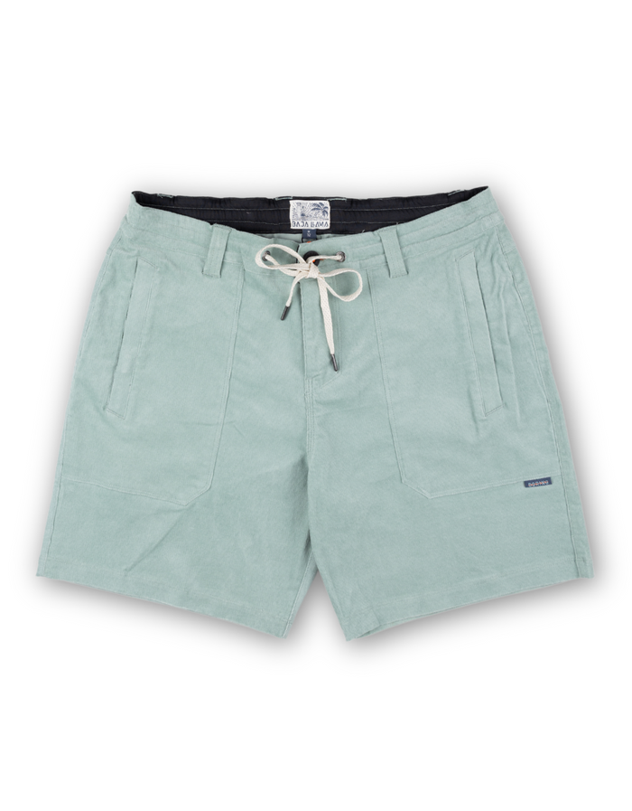 Front flat lay of the Baja Llama Arroyo 7-inch Stretch Corduroy Walkshorts in Mint Green, featuring a drawstring waist and durable hybrid construction.