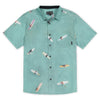 Button up shirt featuring overhead view of surfers and paddleboarders with paint effect.