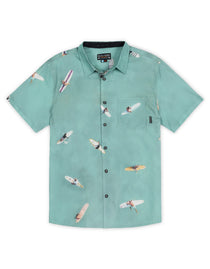 Button up shirt featuring overhead view of surfers and paddleboarders with paint effect.