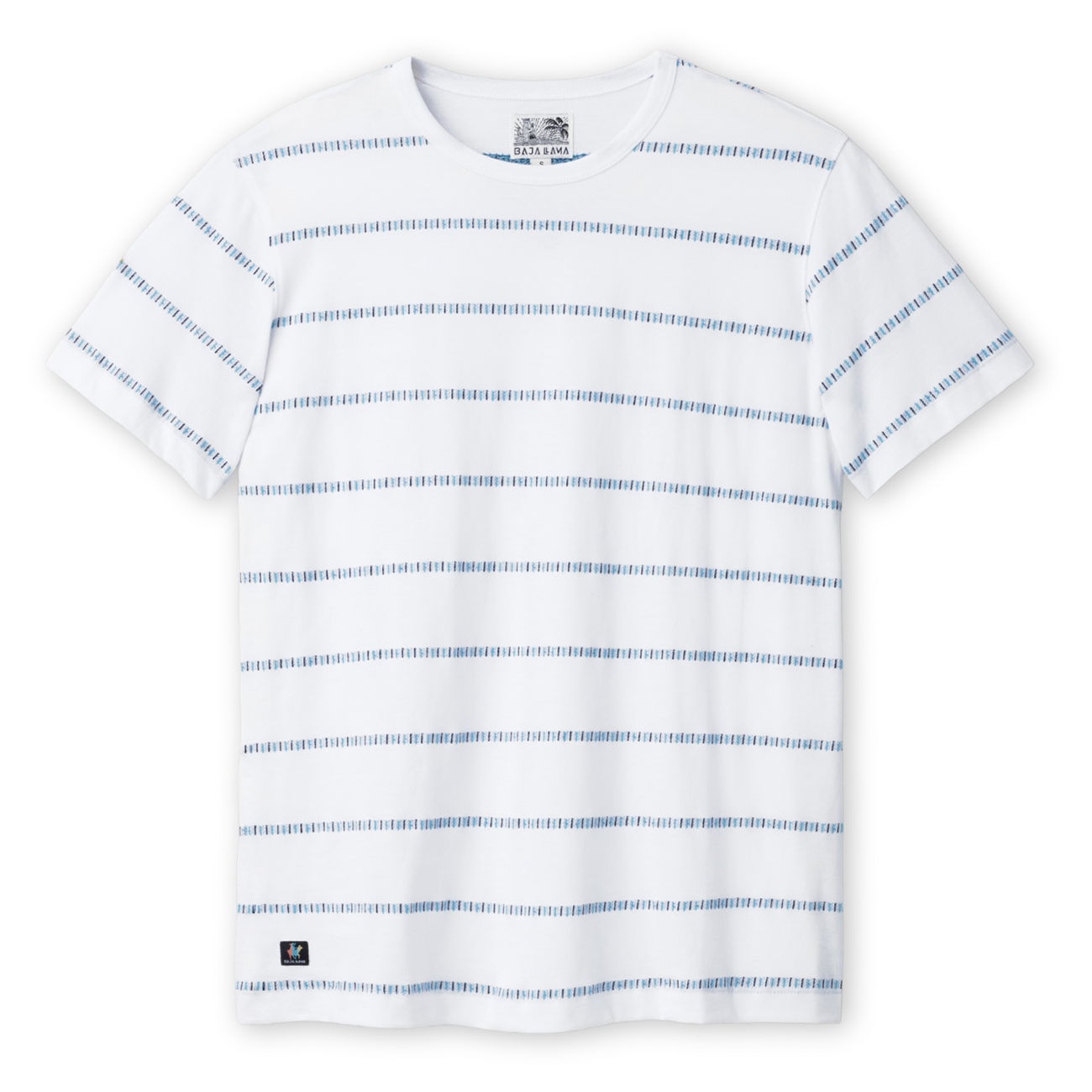 White t-shirt with blue stripes on a white background