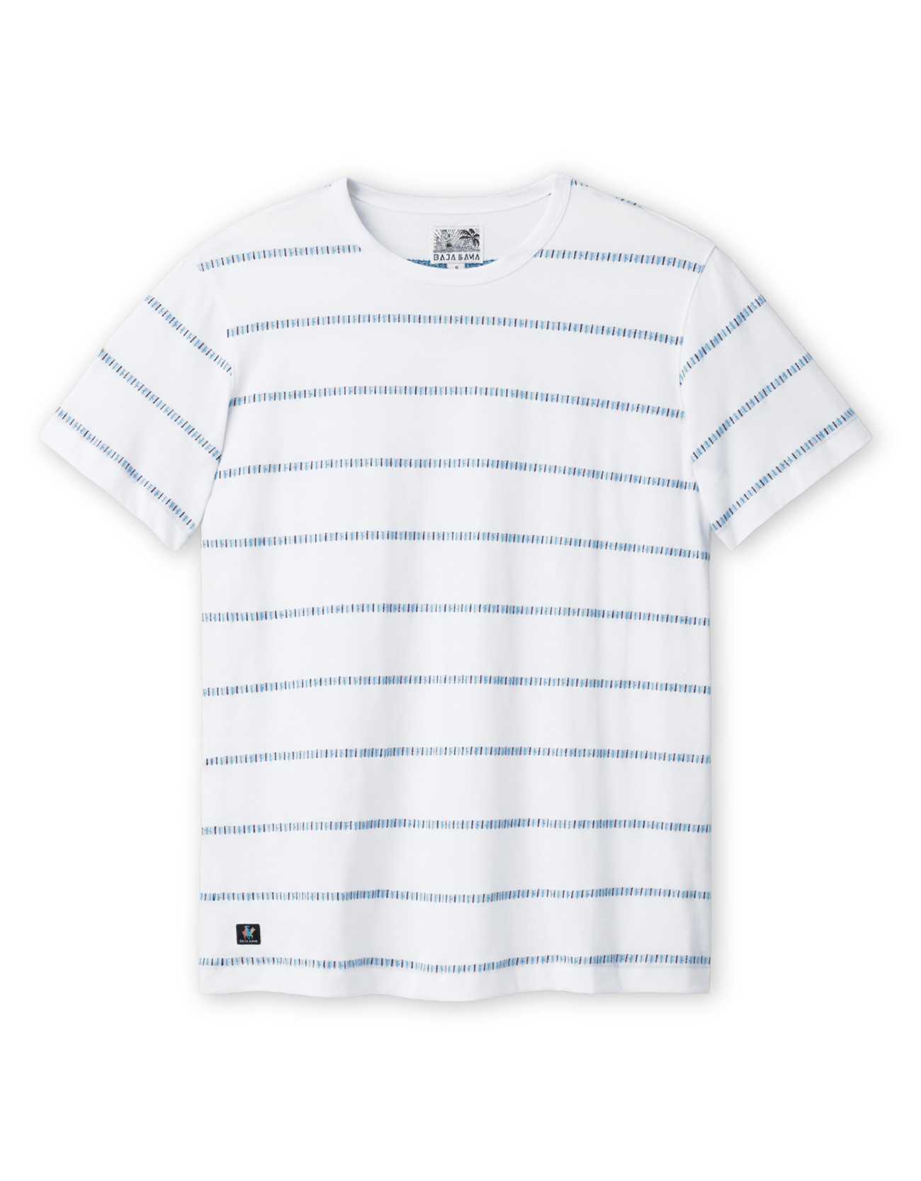 White t-shirt with blue stripes on a white background