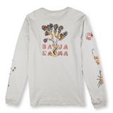 Baja Llama light desert-themed long sleeve tee with snake and Joshua tree back graphic. Soft cotton with printed sleeve details.
