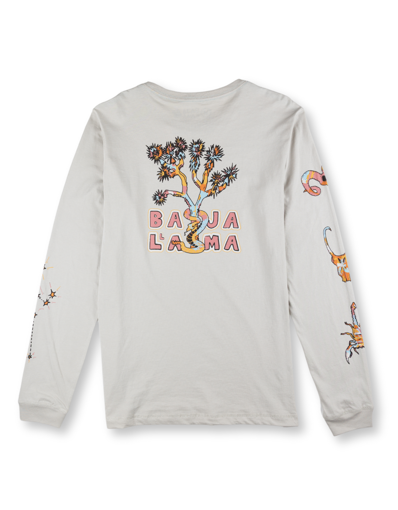 Baja Llama light desert-themed long sleeve tee with snake and Joshua tree back graphic. Soft cotton with printed sleeve details.