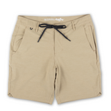 Baja Llama stretchy khaki hybrid shorts with drawstring waist, perfect for travel and everyday wear.