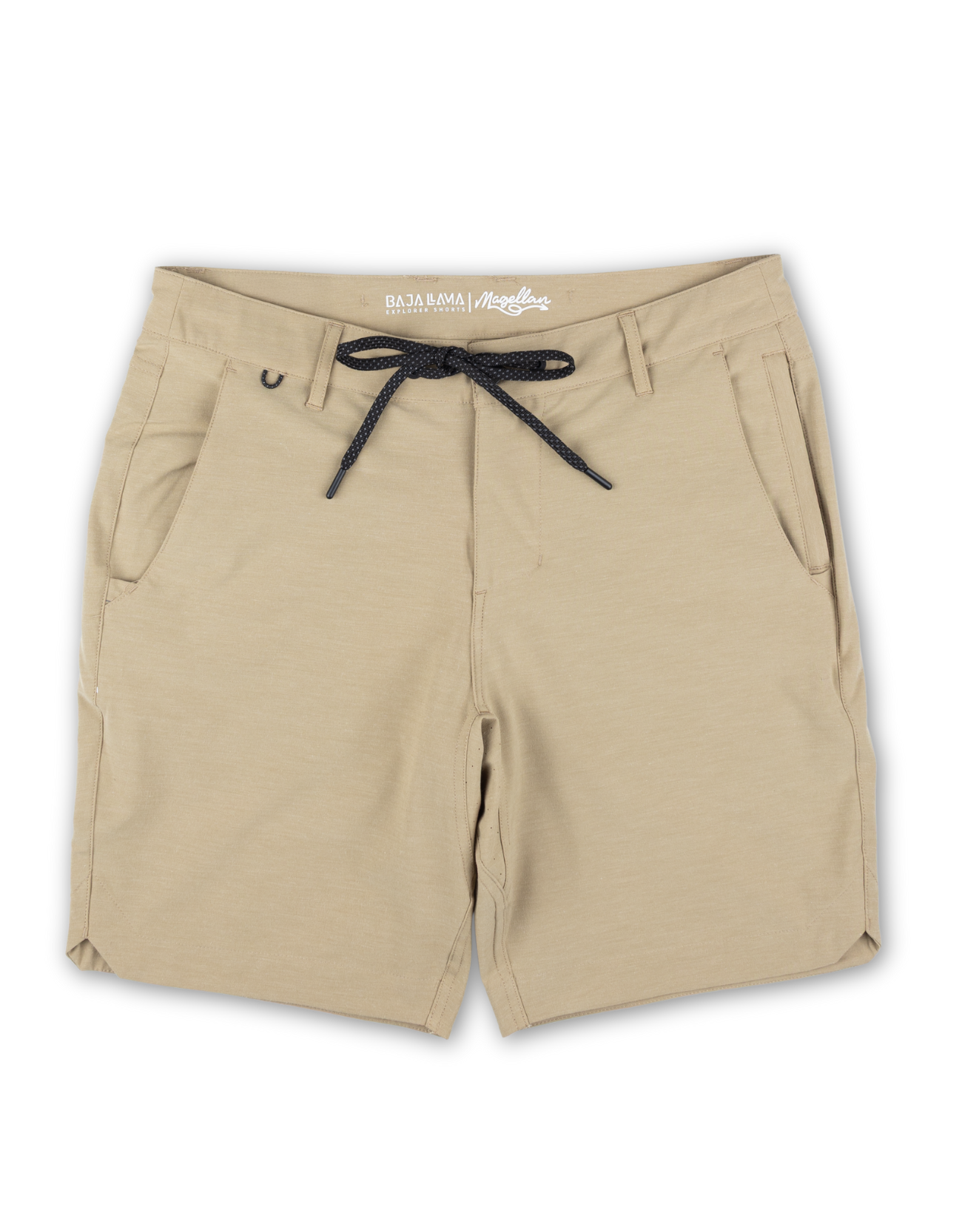 Baja Llama stretchy khaki hybrid shorts with drawstring waist, perfect for travel and everyday wear.