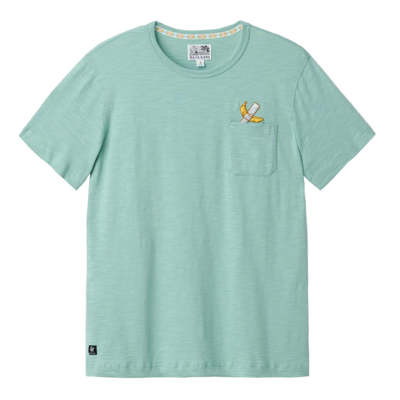 Front flat-lay view of the Baja Llama La Banana Embroidered Pima Slub Pocket Tee, featuring a sage green crewneck t-shirt  with a playful embroidered banana graphic topped with a left chest pocket