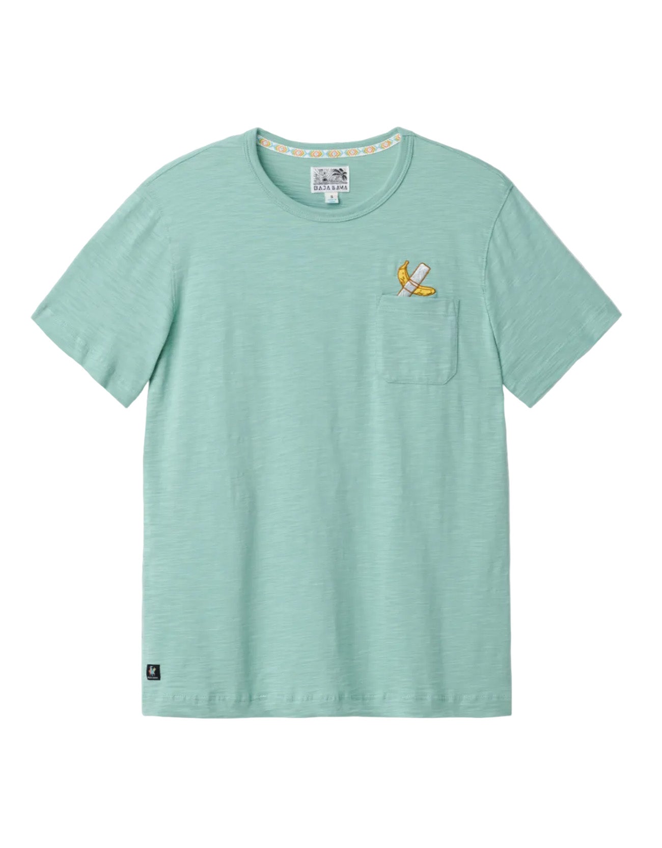 Front flat-lay view of the Baja Llama La Banana Embroidered Pima Slub Pocket Tee, featuring a sage green crewneck t-shirt  with a playful embroidered banana graphic topped with a left chest pocket