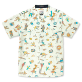 Baja Llama LA REPUBLICA BANANERA ICY MINT - 7-SEAS™ RELAXED FIT BUTTON UP, a mint-colored, short-sleeve shirt featuring an all-over hand-drawn graphic print of tropical and whimsical icons.