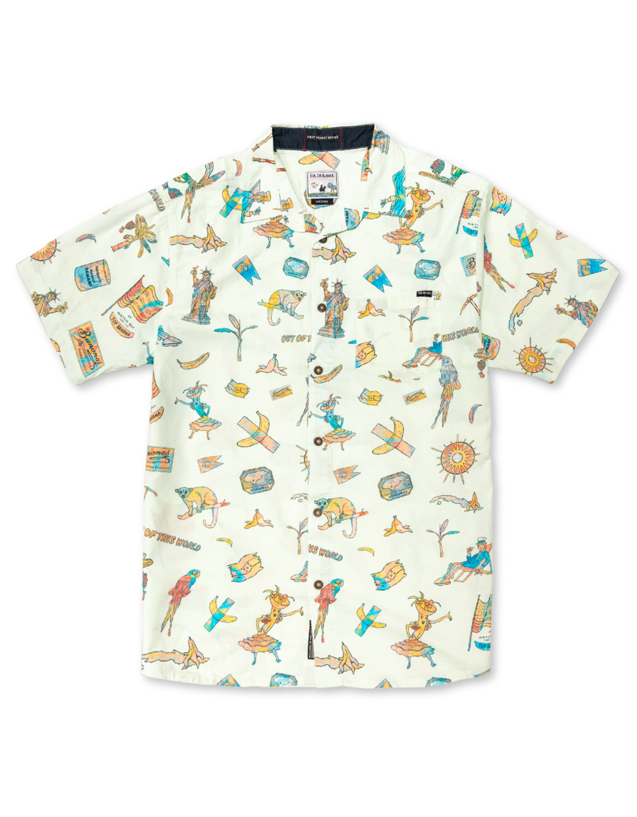 Baja Llama LA REPUBLICA BANANERA ICY MINT - 7-SEAS™ RELAXED FIT BUTTON UP, a mint-colored, short-sleeve shirt featuring an all-over hand-drawn graphic print of tropical and whimsical icons.