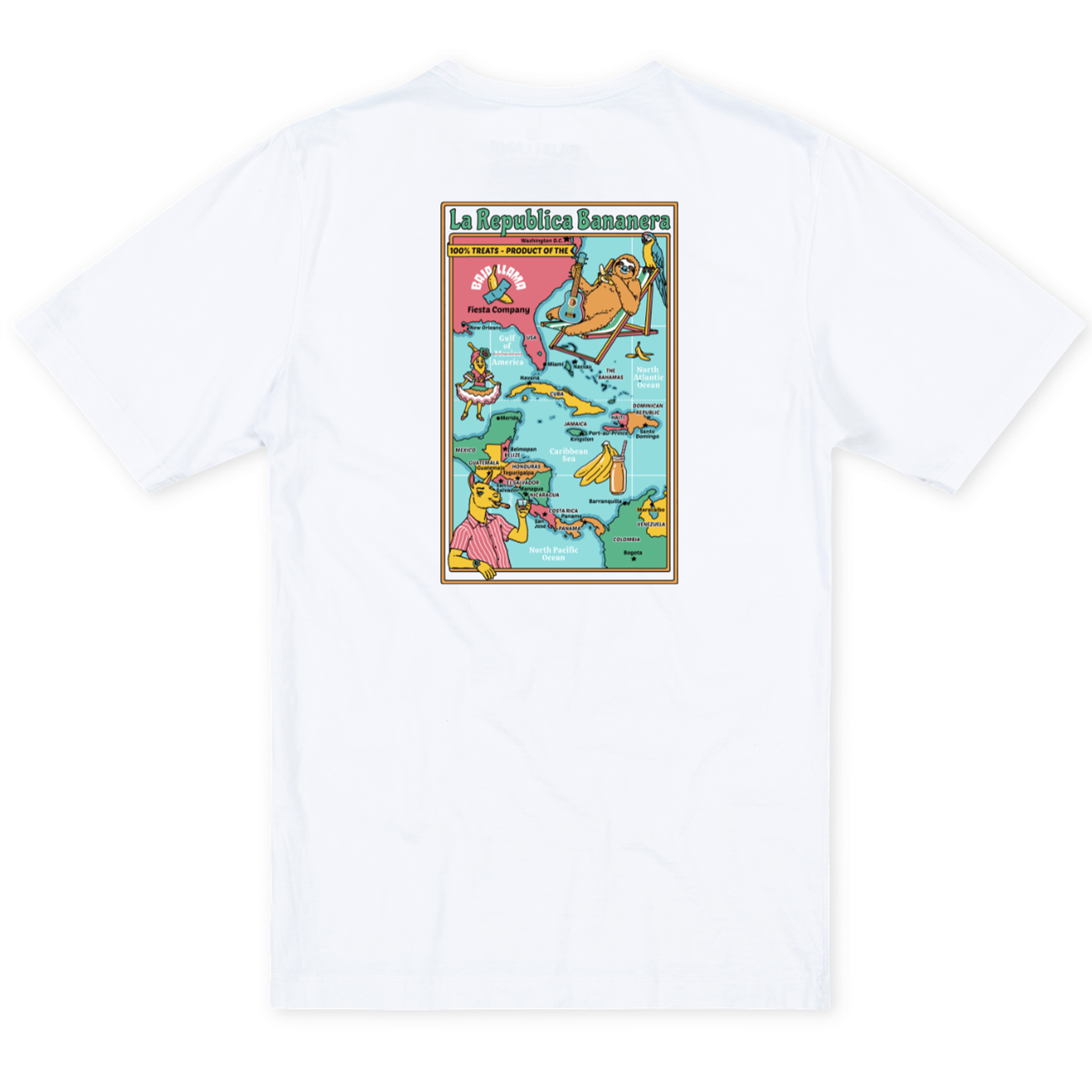 Back flat-lay view of the Baja Llama La Republica Bananera White Primo Graphic Tee, showing a white crewneck t-shirt with a large colorful retro-style cartoon map graphic printed on the center back.