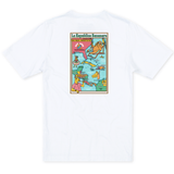 Back flat-lay view of the Baja Llama La Republica Bananera White Primo Graphic Tee, showing a white crewneck t-shirt with a large colorful retro-style cartoon map graphic printed on the center back.