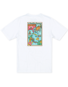 Back flat-lay view of the Baja Llama La Republica Bananera White Primo Graphic Tee, showing a white crewneck t-shirt with a large colorful retro-style cartoon map graphic printed on the center back.