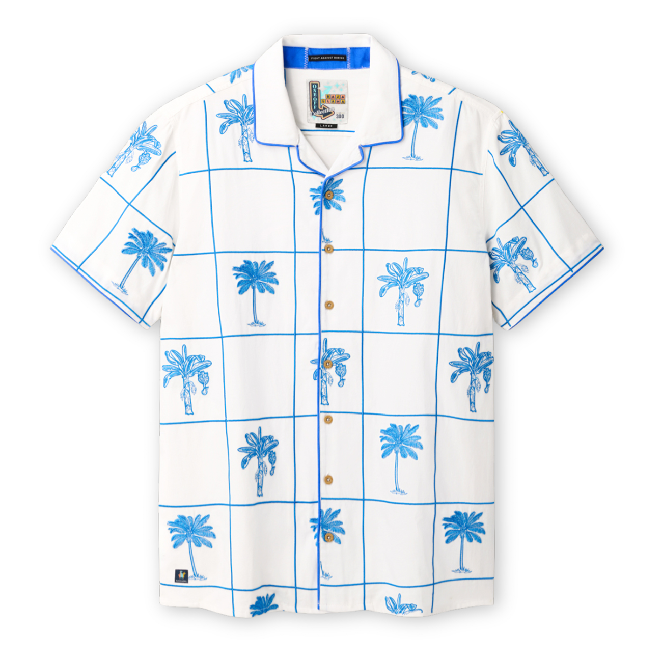 Front view product shot of the Baja Llama La Republica De Piscinas short-sleeve relaxed-fit button-up shirt featuring a blue grid and embroidered  palm tree pattern on white fabric