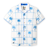 Front view product shot of the Baja Llama La Republica De Piscinas short-sleeve relaxed-fit button-up shirt featuring a blue grid and embroidered  palm tree pattern on white fabric
