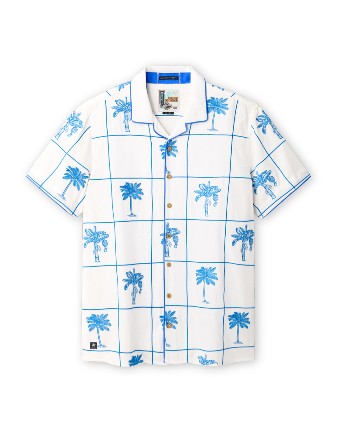 Front view product shot of the Baja Llama La Republica De Piscinas short-sleeve relaxed-fit button-up shirt featuring a blue grid and embroidered  palm tree pattern on white fabric
