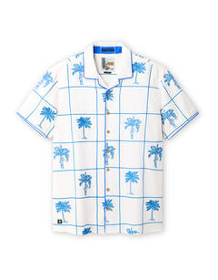 Front view product shot of the Baja Llama La Republica De Piscinas short-sleeve relaxed-fit button-up shirt featuring a blue grid and embroidered  palm tree pattern on white fabric