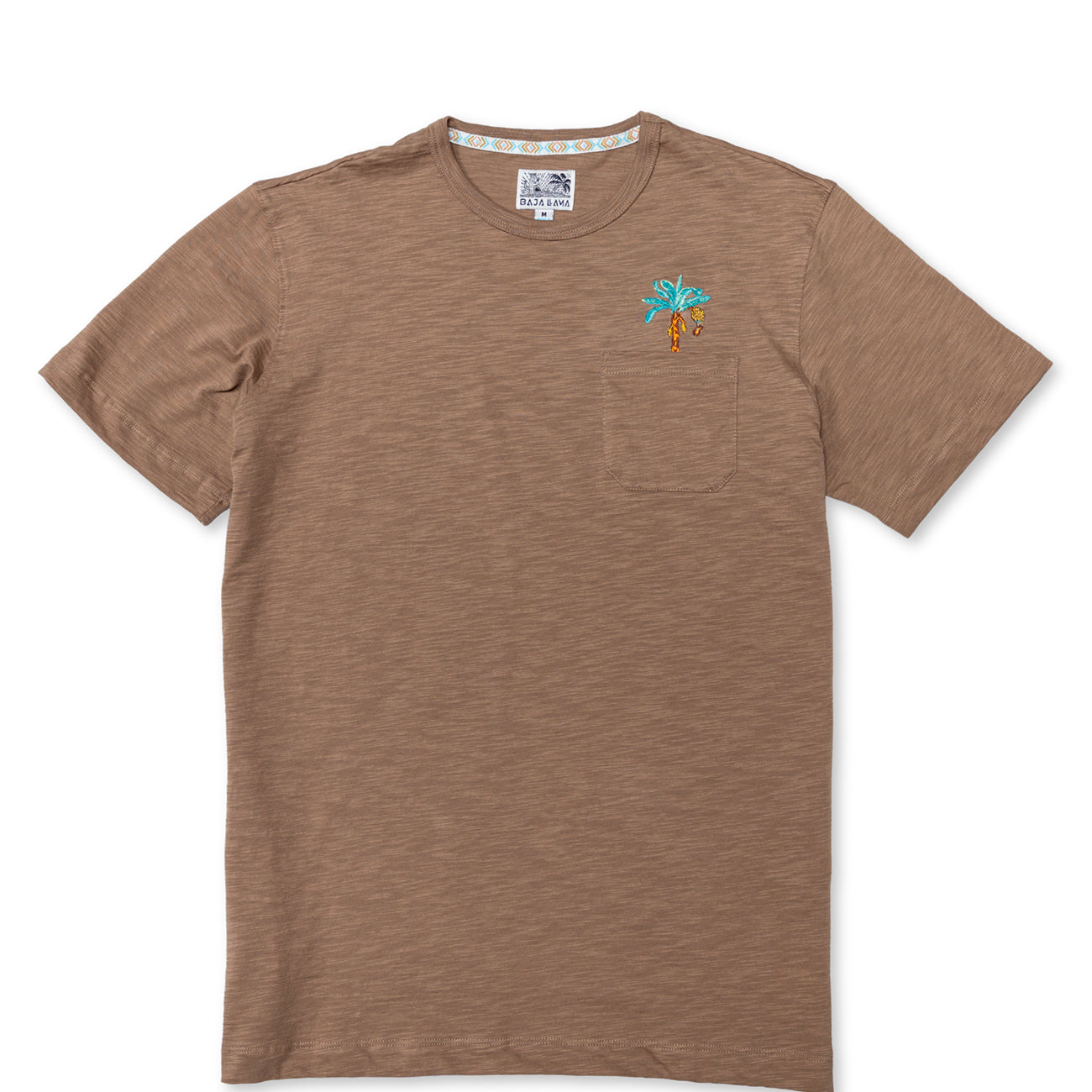 Front flat-lay view of the Baja Llama La Republica Embroidered Pima Slub Pocket Tee, featuring a brown crewneck t-shirt with a left chest pocket topped with an embroidered teal and orange banana palm tree.