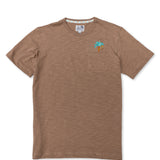 Front flat-lay view of the Baja Llama La Republica Embroidered Pima Slub Pocket Tee, featuring a brown crewneck t-shirt with a left chest pocket topped with an embroidered teal and orange banana palm tree.