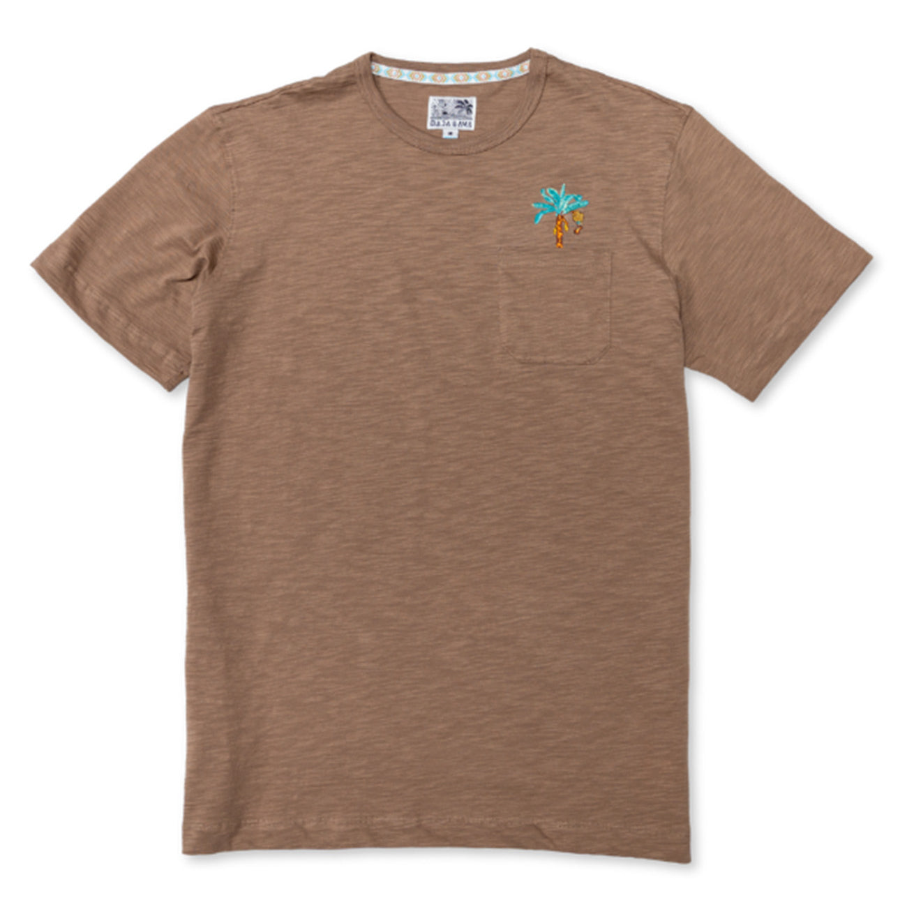 Front flat-lay view of the Baja Llama La Republica Embroidered Pima Slub Pocket Tee, featuring a brown crewneck t-shirt with a left chest pocket topped with an embroidered teal and orange banana palm tree.