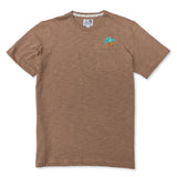 Front flat-lay view of the Baja Llama La Republica Embroidered Pima Slub Pocket Tee, featuring a brown crewneck t-shirt with a left chest pocket topped with an embroidered teal and orange banana palm tree.