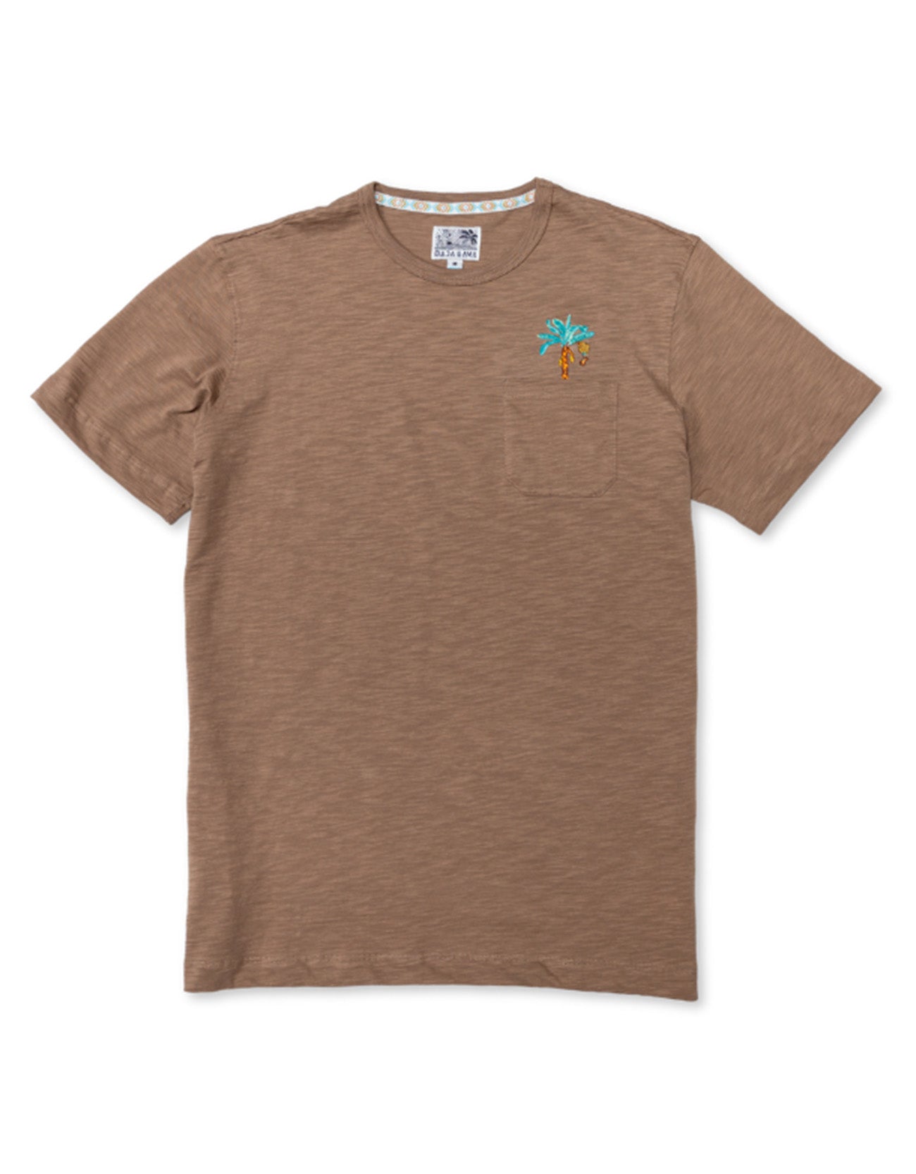 Front flat-lay view of the Baja Llama La Republica Embroidered Pima Slub Pocket Tee, featuring a brown crewneck t-shirt with a left chest pocket topped with an embroidered teal and orange banana palm tree.