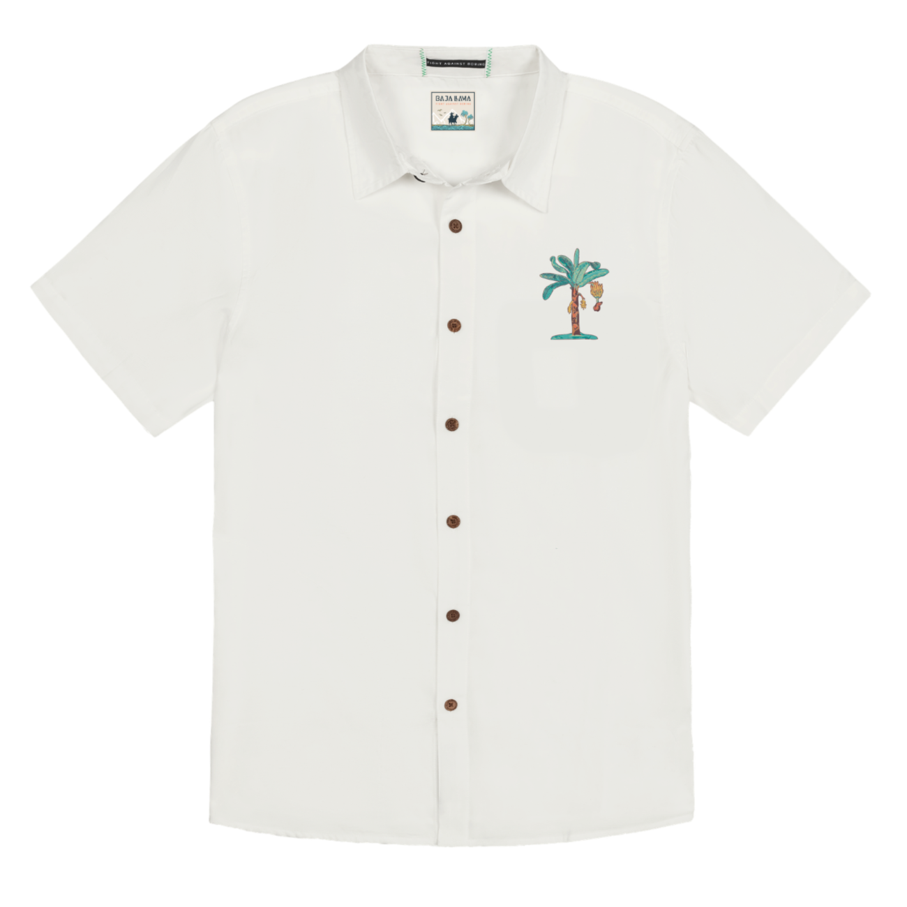 Front view of the LA REPUBLICA - EMBROIDERY 7-SEAS™ RELAXED FIT BUTTON UP from Baja Llama, a white short-sleeve shirt featuring a small embroidered palm tree design on the chest pocket.