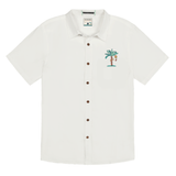 Front view of the LA REPUBLICA - EMBROIDERY 7-SEAS™ RELAXED FIT BUTTON UP from Baja Llama, a white short-sleeve shirt featuring a small embroidered palm tree design on the chest pocket.