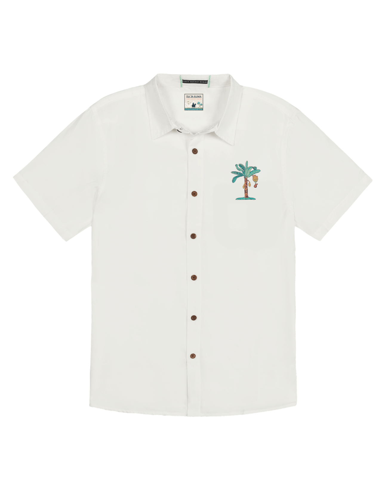 Front view of the LA REPUBLICA - EMBROIDERY 7-SEAS™ RELAXED FIT BUTTON UP from Baja Llama, a white short-sleeve shirt featuring a small embroidered palm tree design on the chest pocket.