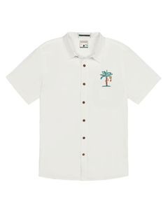 Front view of the LA REPUBLICA - EMBROIDERY 7-SEAS™ RELAXED FIT BUTTON UP from Baja Llama, a white short-sleeve shirt featuring a small embroidered palm tree design on the chest pocket.