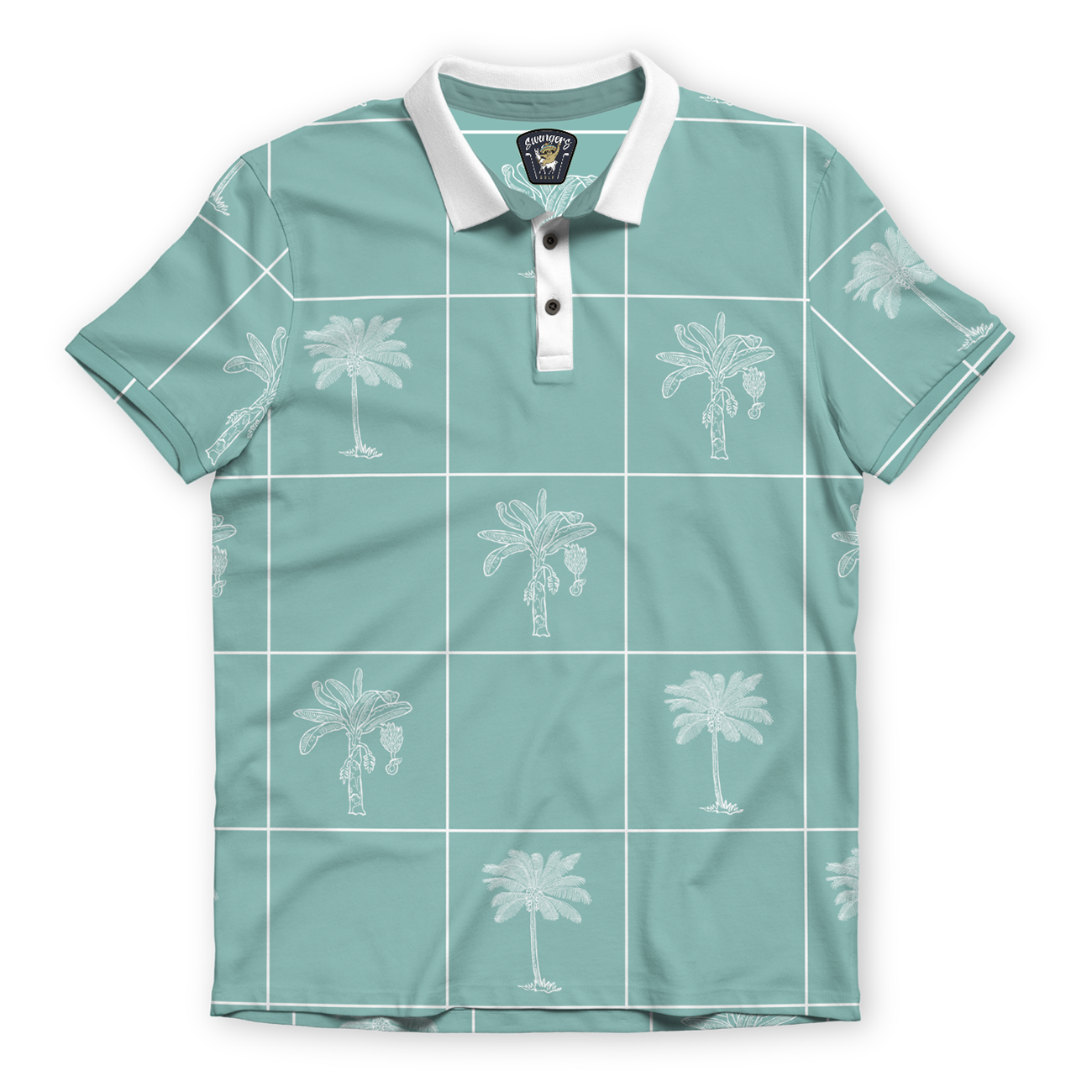 Front flat-lay view of the Baja Llama La Republica Piscina Palm Green Swingers Performance Polo, featuring a mint green background with a white grid pattern and sketched palm trees, a solid white collar, and a white placket.