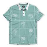 Front flat-lay view of the Baja Llama La Republica Piscina Palm Green Swingers Performance Polo, featuring a mint green background with a white grid pattern and sketched palm trees, a solid white collar, and a white placket.