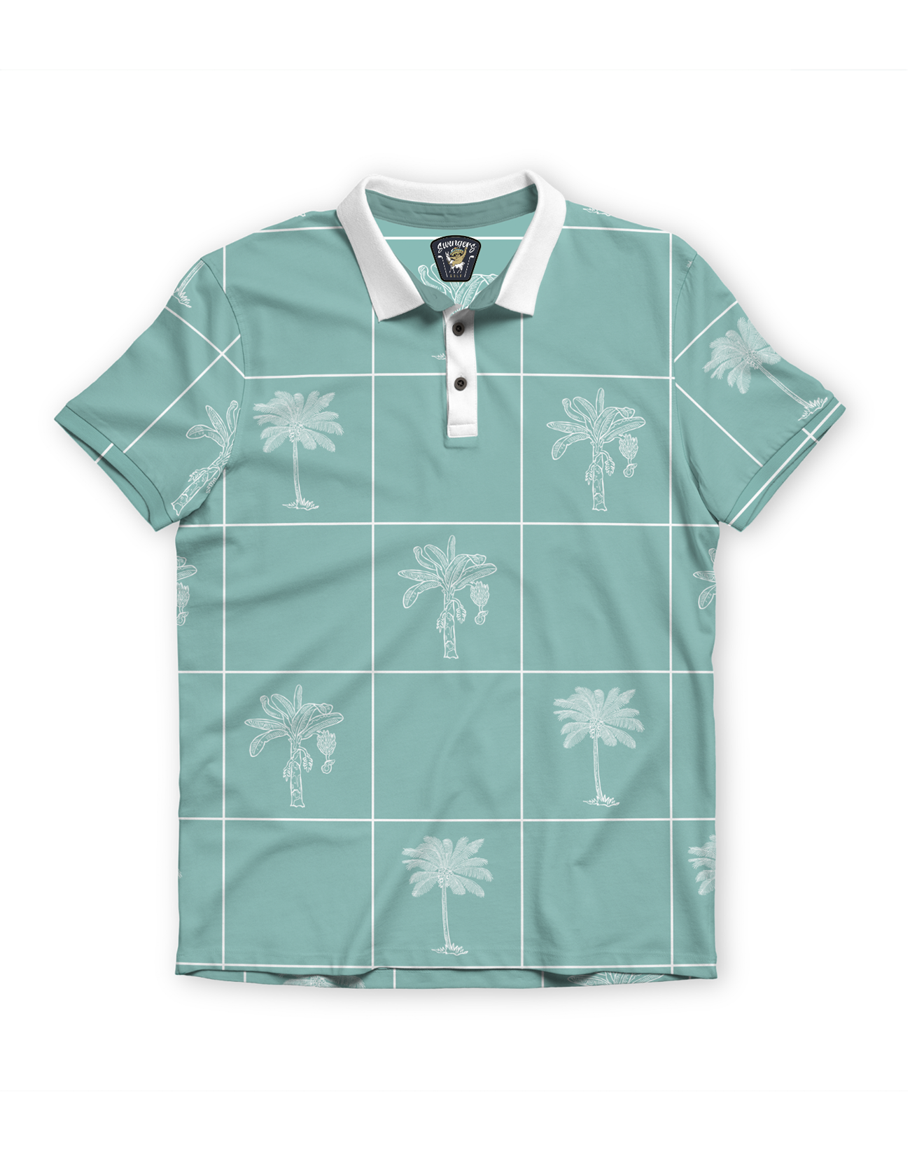 Front flat-lay view of the Baja Llama La Republica Piscina Palm Green Swingers Performance Polo, featuring a mint green background with a white grid pattern and sketched palm trees, a solid white collar, and a white placket.
