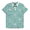 Front flat-lay view of the Baja Llama La Republica Piscina Palm Green Swingers Performance Polo, featuring a mint green background with a white grid pattern and sketched palm trees, a solid white collar, and a white placket.