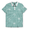 Front flat-lay view of the Baja Llama La Republica Piscina Palm Green Swingers Performance Polo, featuring a mint green background with a white grid pattern and sketched palm trees, a solid white collar, and a white placket.
