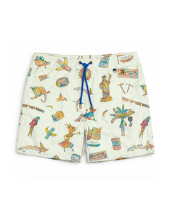 Colorful swim shorts with la republica designs on a white background