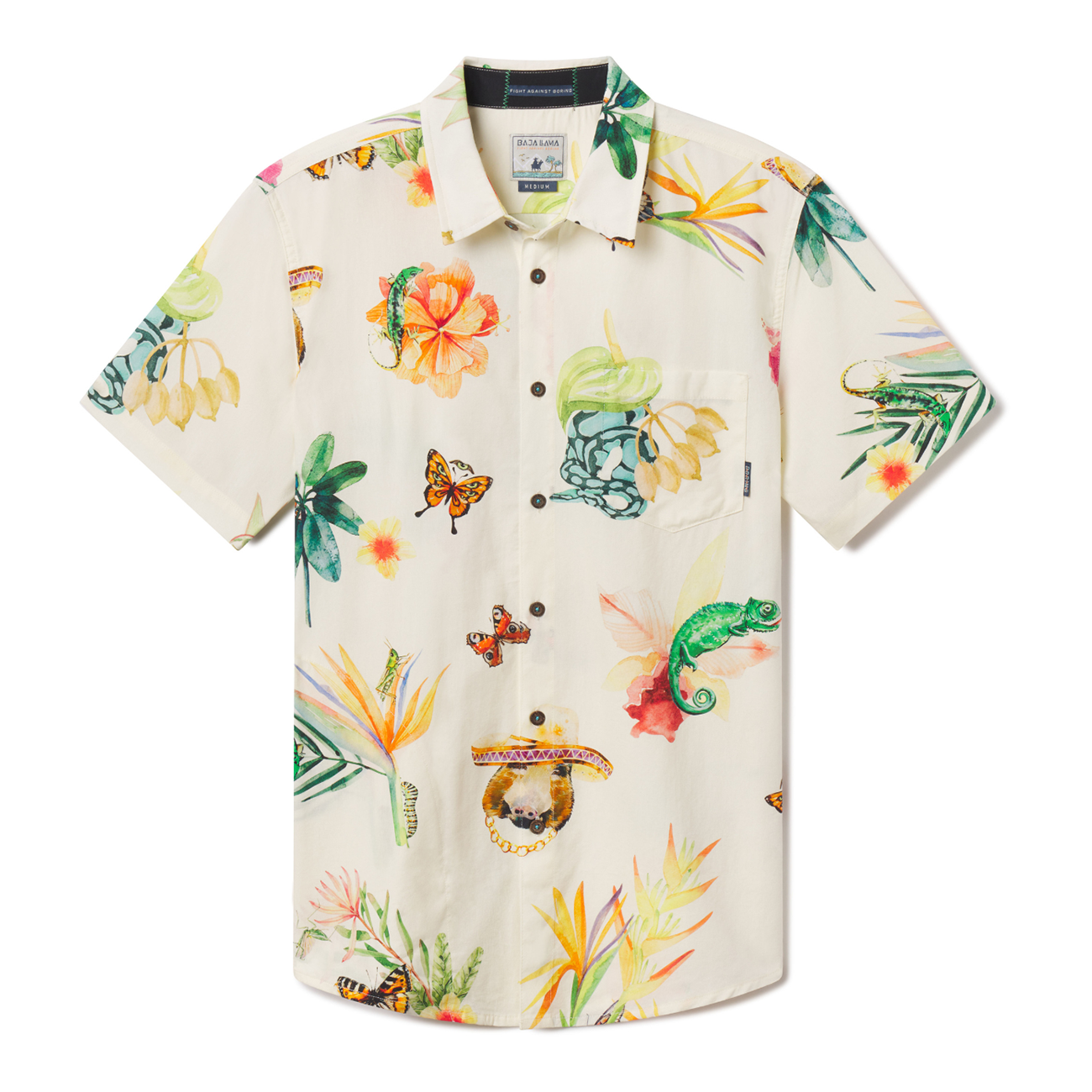 Front view of the Baja Llama Land Before Floral 7-Seas™ Button Up, featuring a vibrant, artistic jungle print with tropical flowers, butterflies, and chameleons on a light cream shirt.
