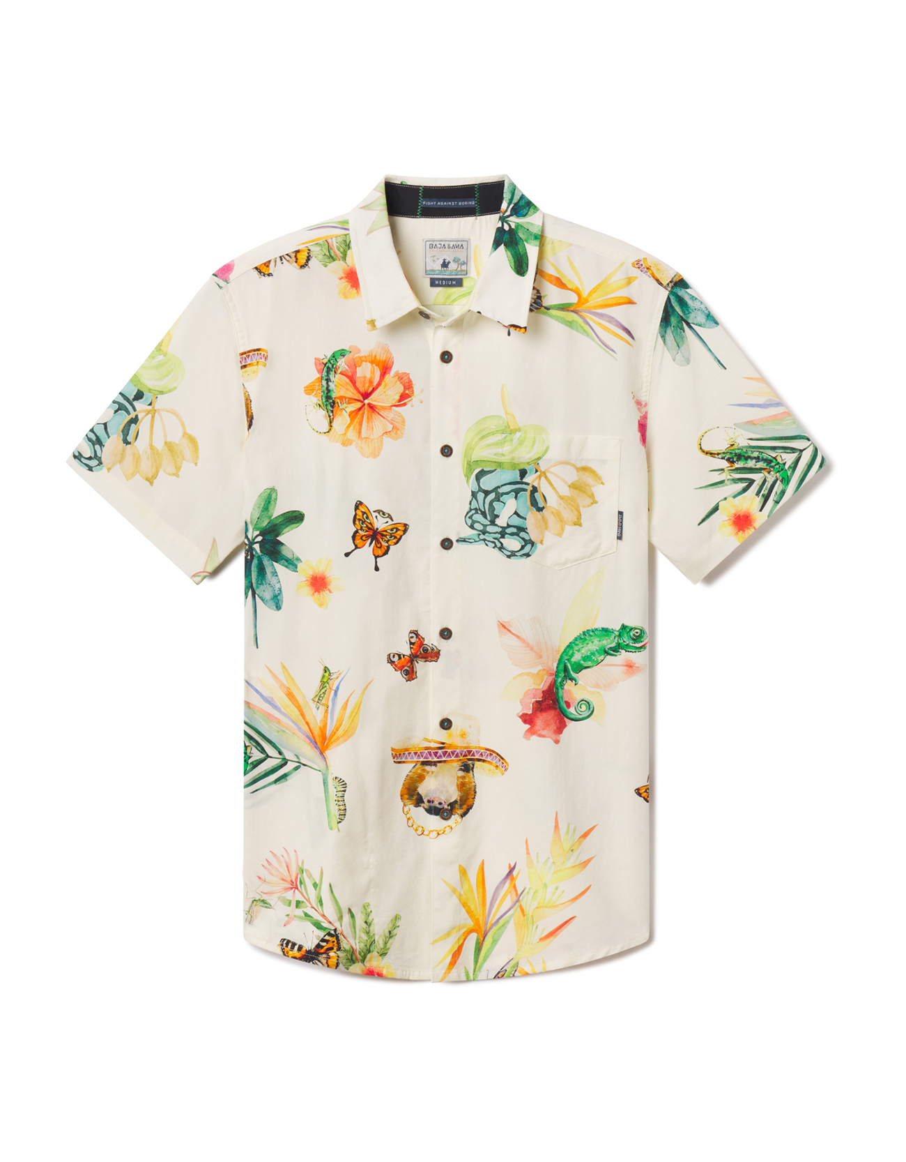 Front view of the Baja Llama Land Before Floral 7-Seas™ Button Up, featuring a vibrant, artistic jungle print with tropical flowers, butterflies, and chameleons on a light cream shirt.