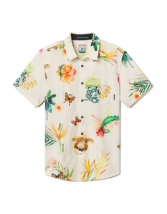 Front view of the Baja Llama Land Before Floral 7-Seas™ Button Up, featuring a vibrant, artistic jungle print with tropical flowers, butterflies, and chameleons on a light cream shirt.