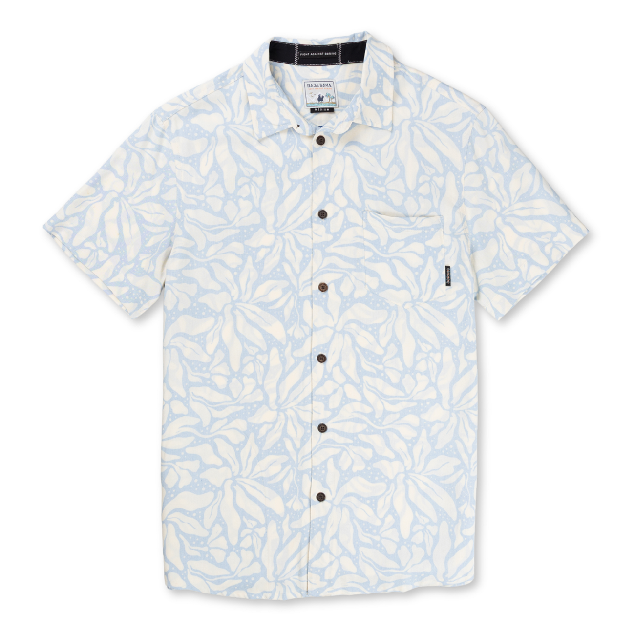Front view of the LEAF ME BLUE - NIGHTHAWK™ RELAXED FIT BUTTON UP from Baja Llama, a short-sleeve shirt featuring a light blue and white abstract tropical leaf pattern.